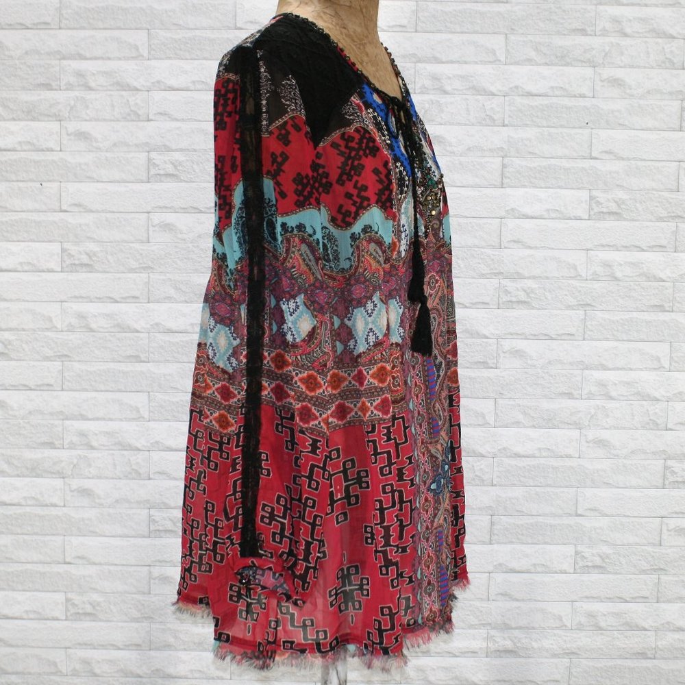 V CHRISTINA Blouse Sheer Mixed Print Long Sleeve Beaded Yoke Lace Up Boho Large - Picture 3 of 15